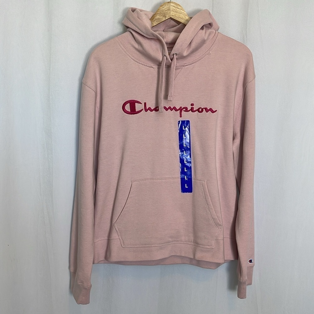 NWT Champion Powerblend Sweatshirt Hoodie Embroidered Script Logo SZ L Hush Pink - Picture 2 of 13